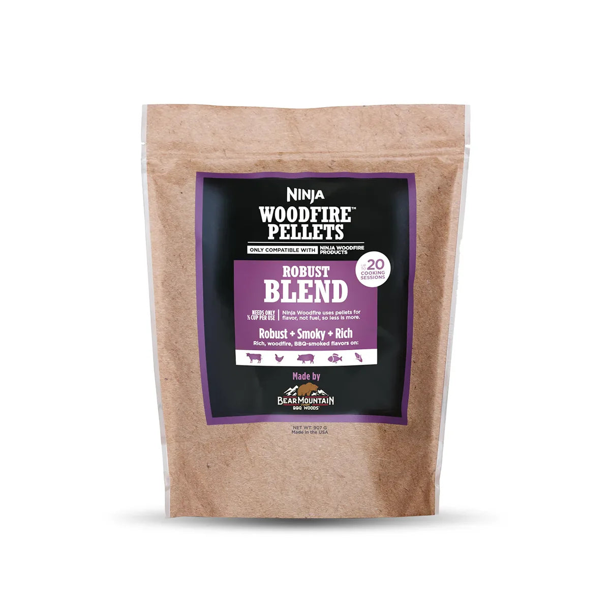 Ninja Woodfire Pelety - Robustné; Orech, Čerešňa, Javor, Dub; Klasická BBQ príchuť; 900g (Na 20 použití)