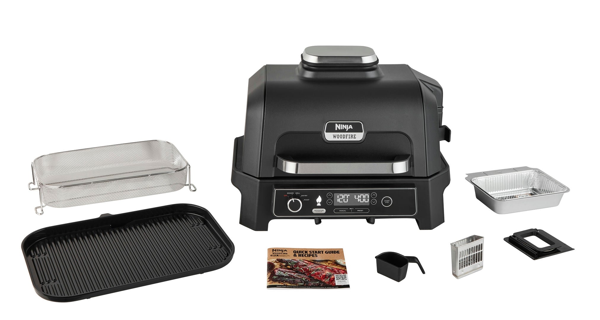 Ninja OG850EU Woodfire Pro XL; Elektrický BBQ, Gril, Air fryer & Udiareň; Vonkajší; 45 cm x 31 cm